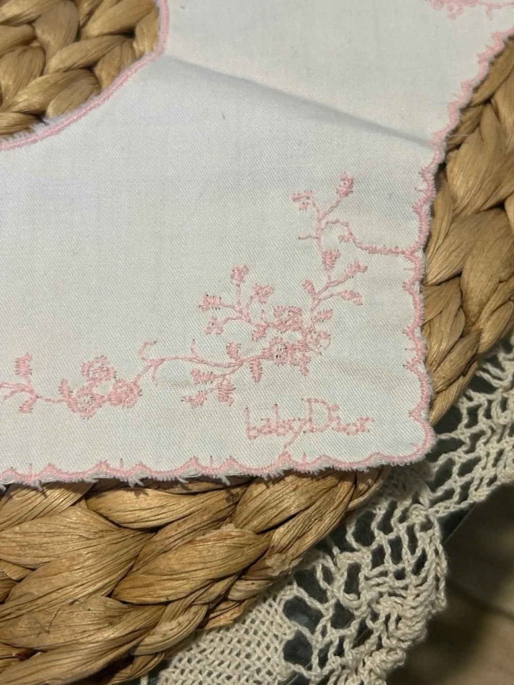 Vintage Handmade White Baby Bib with Pink Embroidery